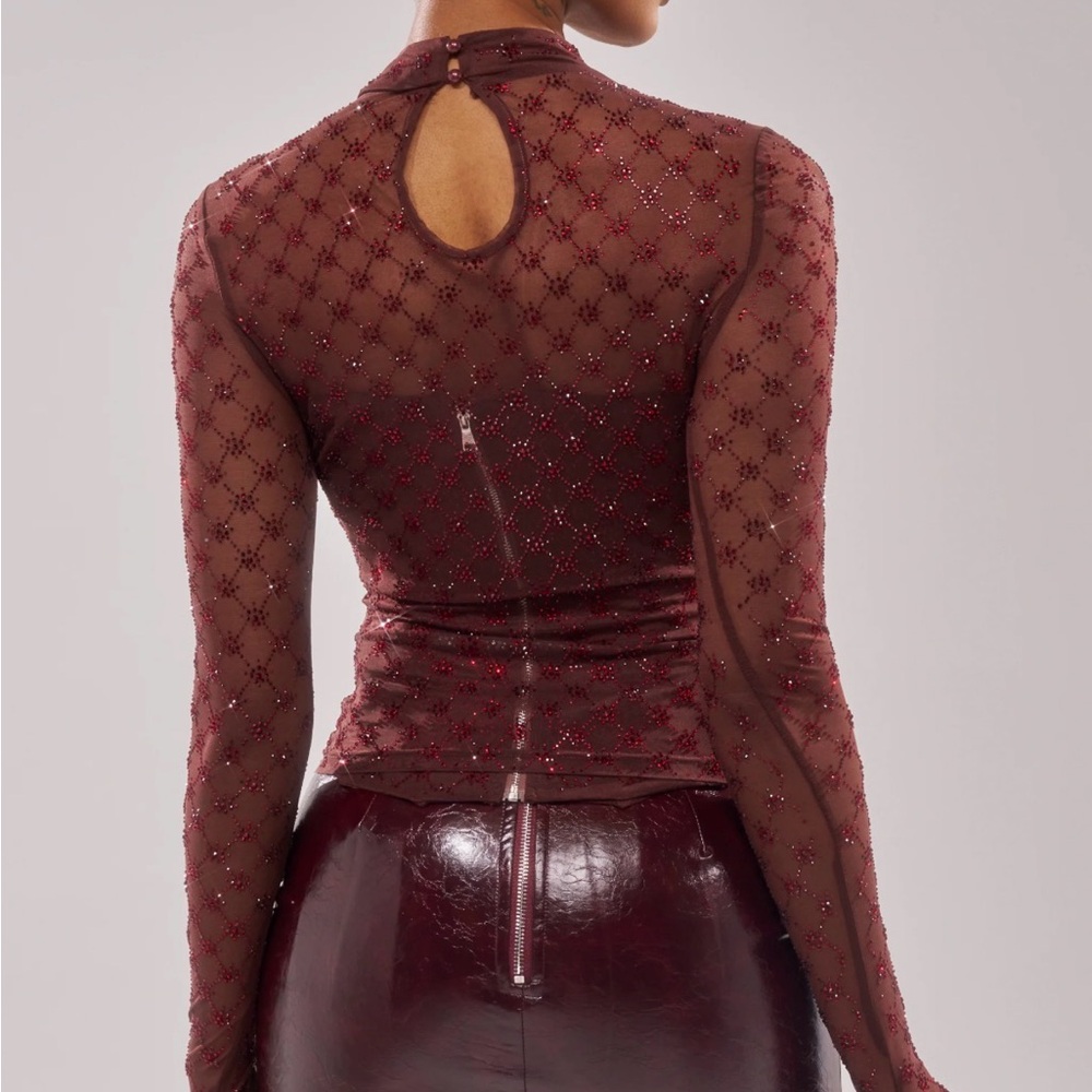 AKIRA Burgundy Sheer Beaded Long-Sleeve Top